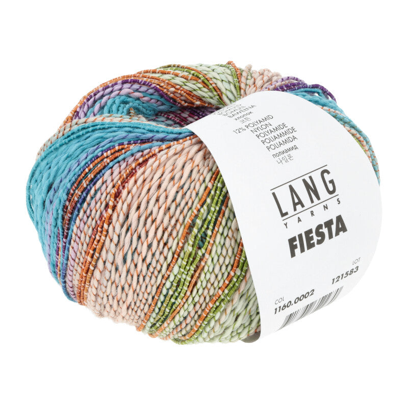 Lang Yarns Fiesta yarn, Light Blue/Pink/Green/Orange, colour 0002, ball photograph