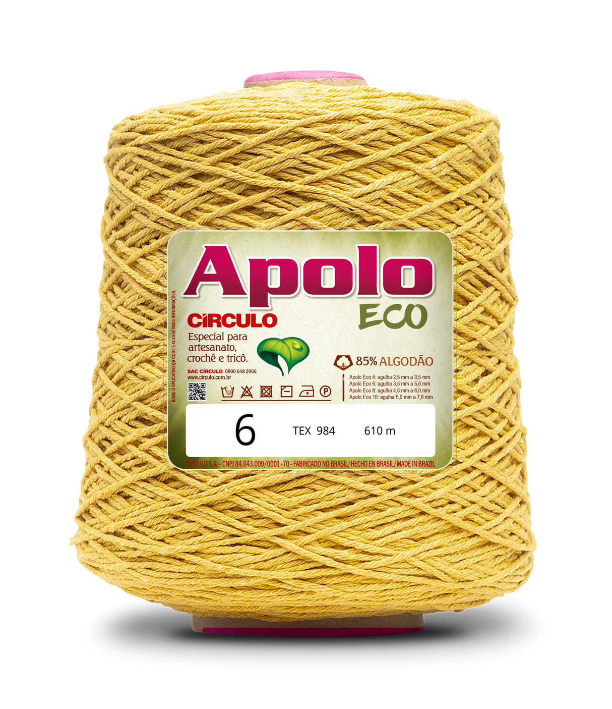 Apolo Eco 4/6 Cotton Cord Yarn – Ideal for Crochet Bags & Home Decor (600g) - Leo Hobby - A large spool of yellow Apolo Circulo Eco cotton thread, labeled with product details including size 6 and 610 meters, set against a plain white background.