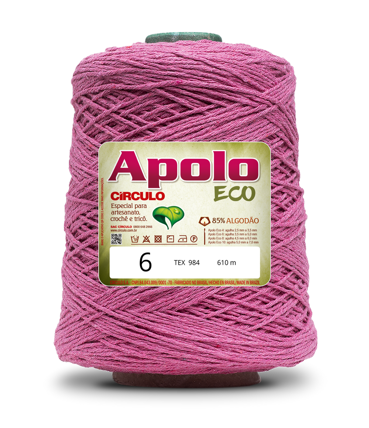 Apolo Eco 4/6 Cotton Cord Yarn – Ideal for Crochet Bags & Home Decor (600g) - Leo Hobby - A large cone spool of pink Apolo Circulo Eco yarn, size 6, with a white and green label, isolated on a white background.