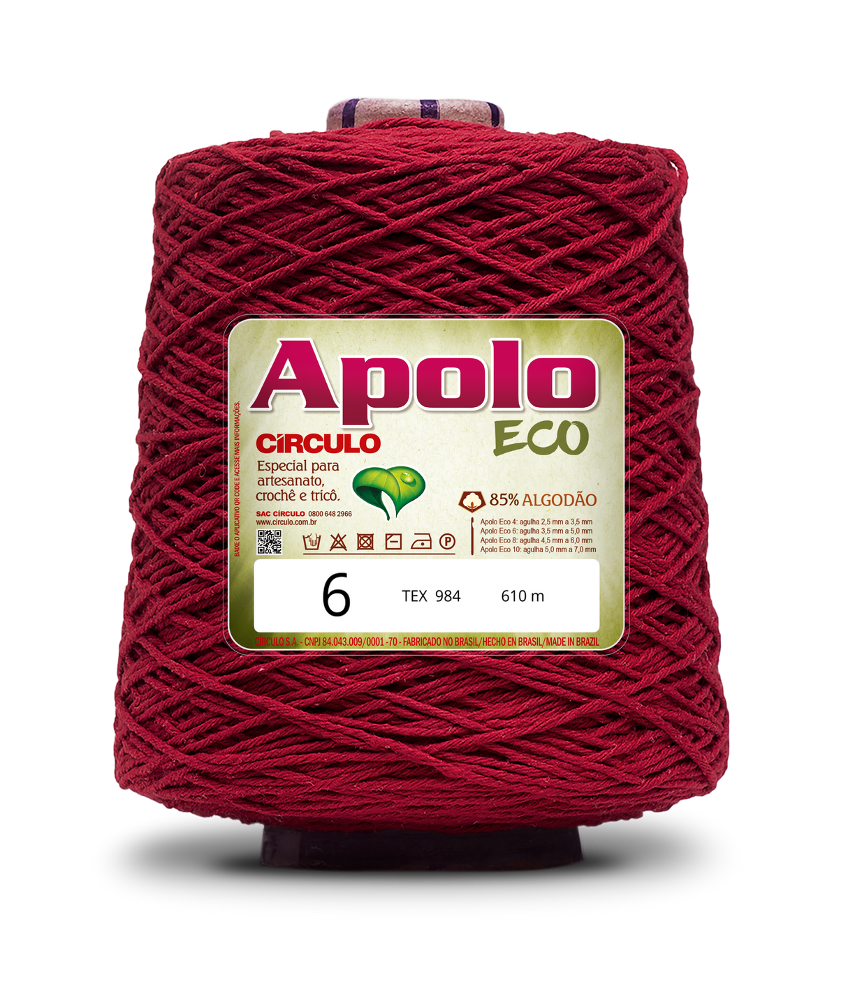 Apolo Eco 4/6 Cotton Cord Yarn – Ideal for Crochet Bags & Home Decor (600g) - Leo Hobby - A large spool of deep red yarn with a beige and green label reading 'Apolo ECO' and size '6', photographed on a clean white background.