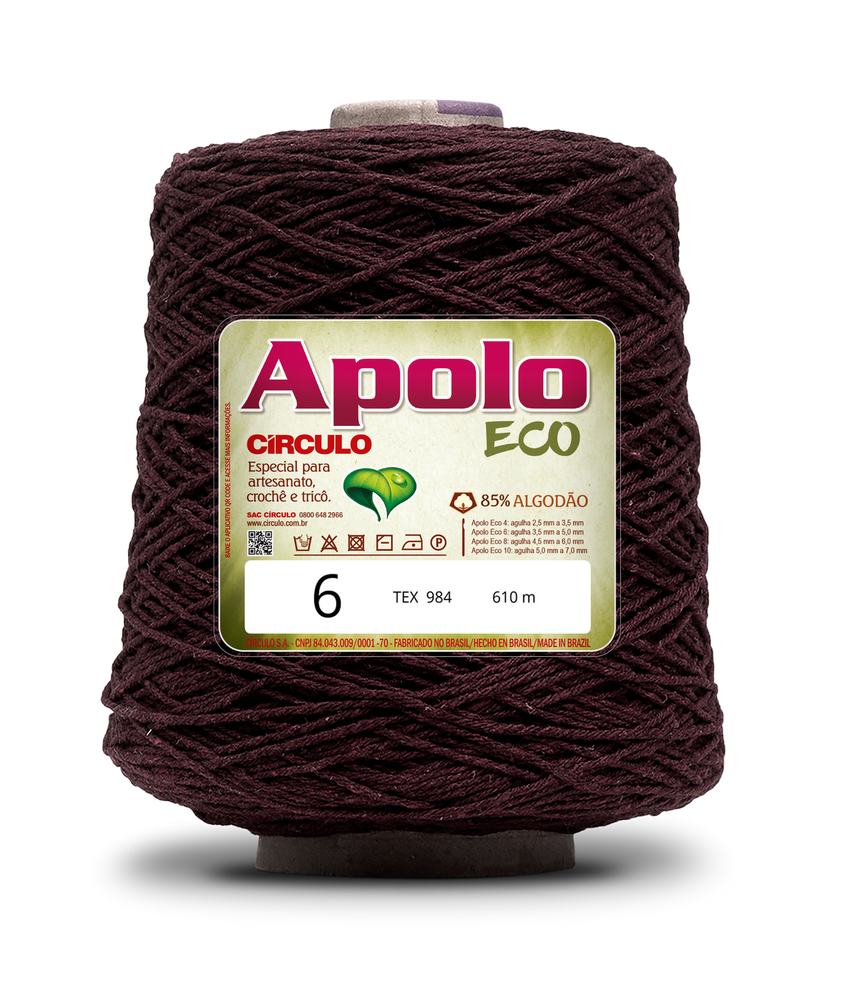 Apolo Eco 4/6 Cotton Cord Yarn – Ideal for Crochet Bags & Home Decor (600g) - Leo Hobby - A large spool of Apolo ECO yarn in a deep burgundy color, featuring a white and green label with product details.