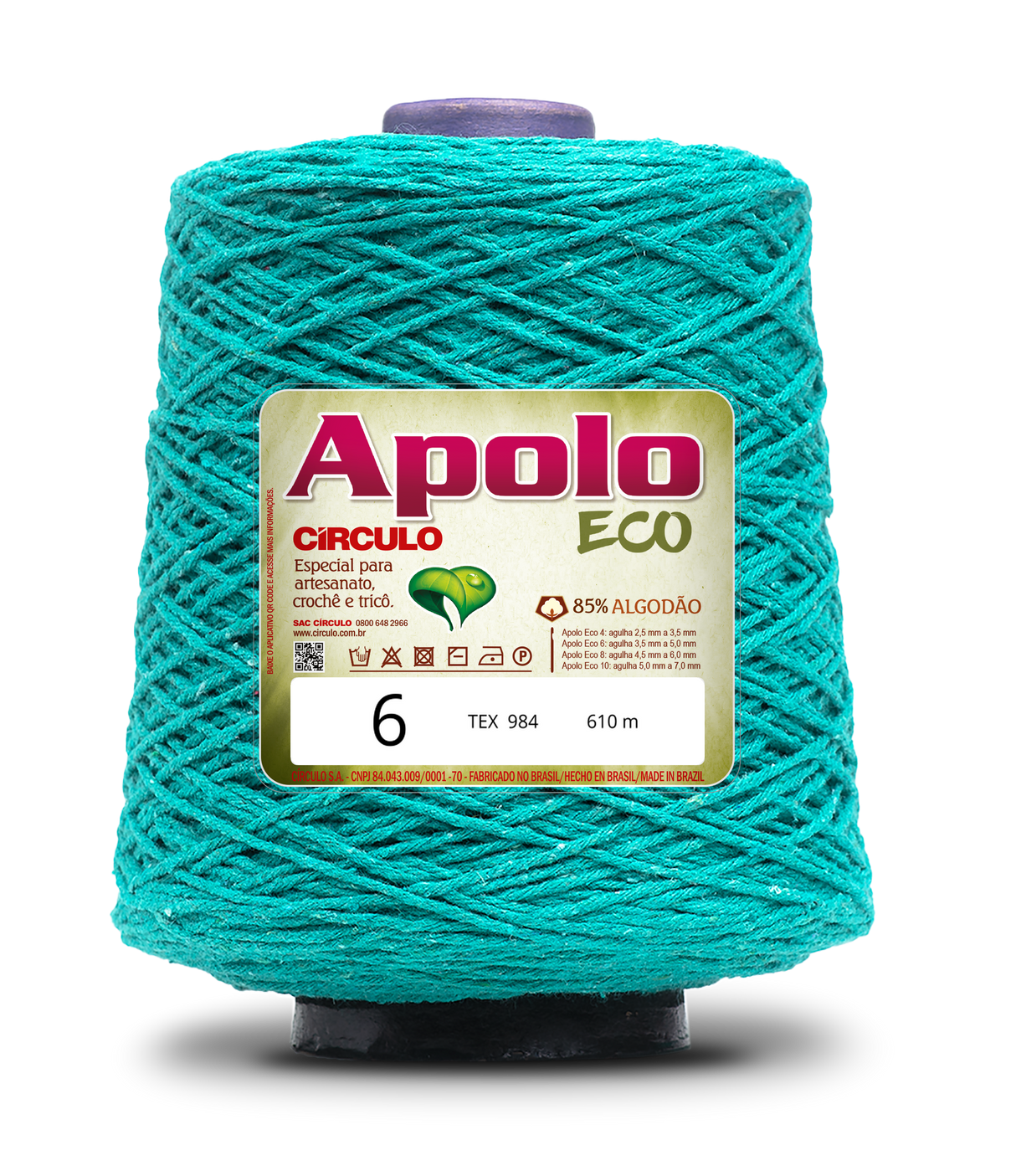 Apolo Eco 4/6 Cotton Cord Yarn – Ideal for Crochet Bags & Home Decor (600g) - Leo Hobby - A large cone spool of turquoise blue-green yarn with a gold and white label reading 'Apolo ECO' and 'size 6', photographed on a white background.
