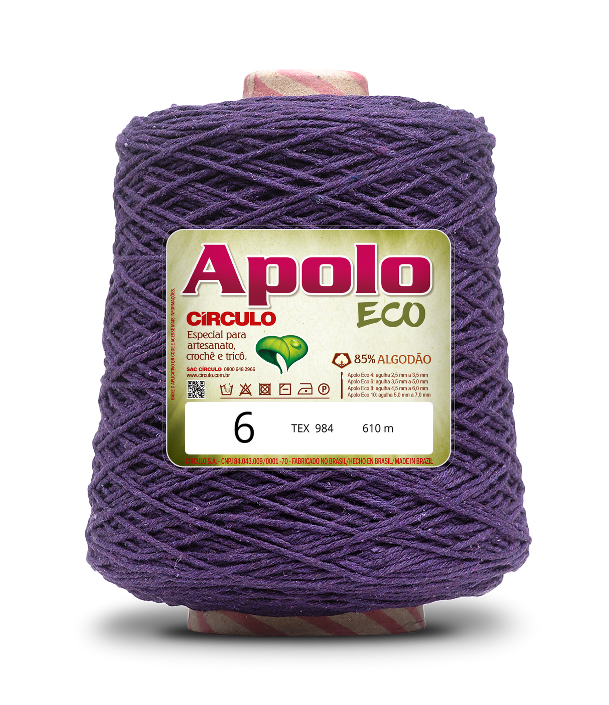 Apolo Eco 4/6 Cotton Cord Yarn – Ideal for Crochet Bags & Home Decor (600g) - Leo Hobby - A spool of purple yarn with a white and green label reading 'Apolo ECO' and size '6', isolated on a white background.