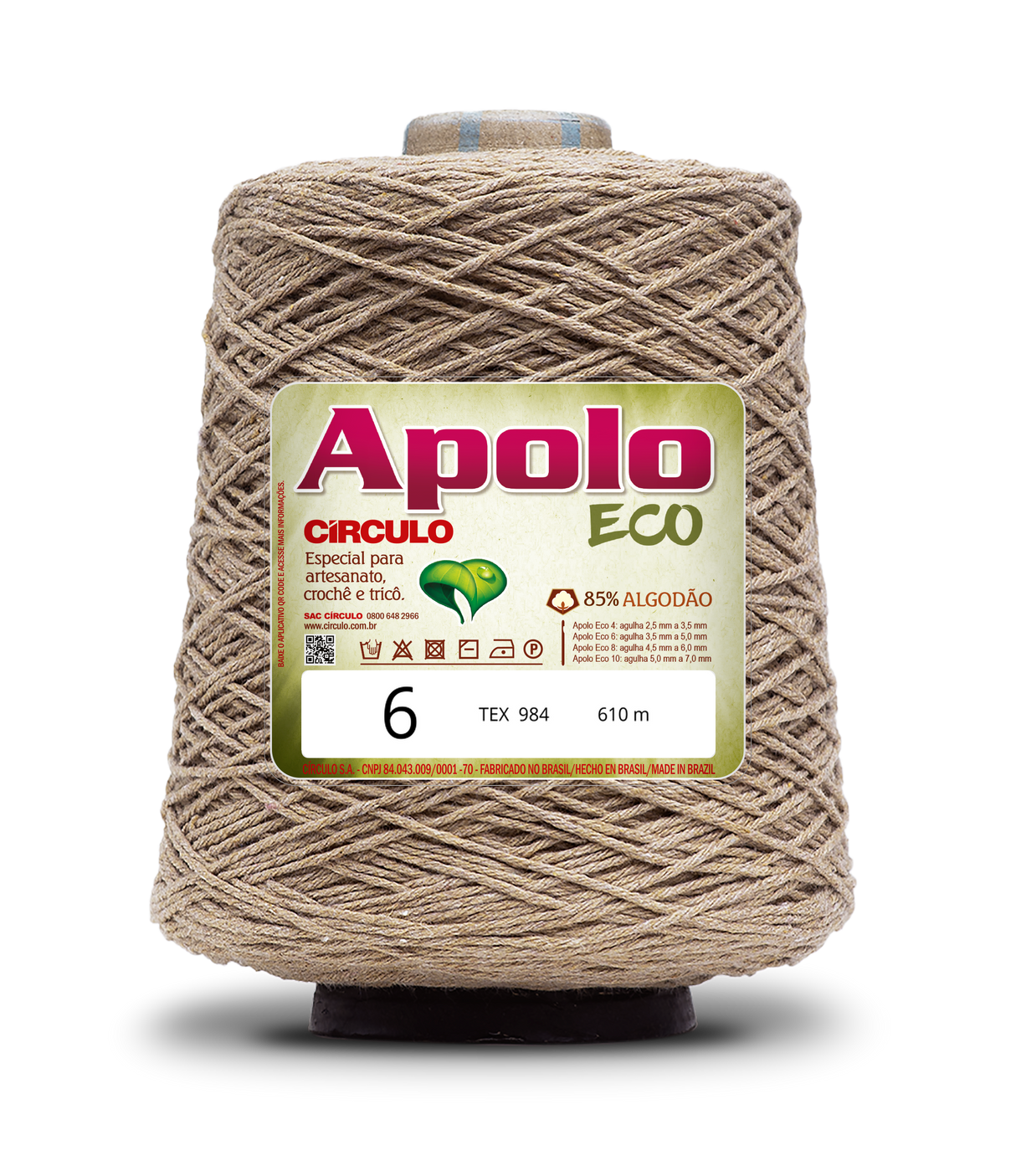 Apolo Eco 4/6 Cotton Cord Yarn – Ideal for Crochet Bags & Home Decor (600g) - Leo Hobby - A large cone of Apolo ECO thread featuring a beige/tan jute-like texture with a white and green label, set against a plain white background.