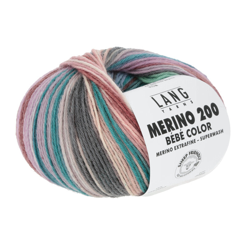 Lang Yarns Merino 200 Bébé Color Yarn, 203m / 50g – Blue/Salmon/Green (0453)