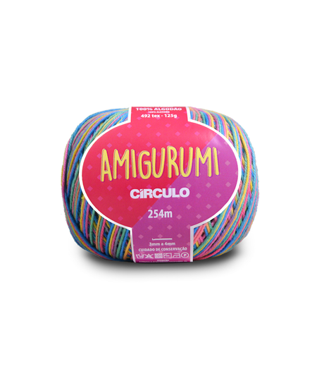 A ball of Amigurumi Circulo yarn by Amigurumi, featuring a vibrant multicolor striped pattern with a prominent pink and purple label.
