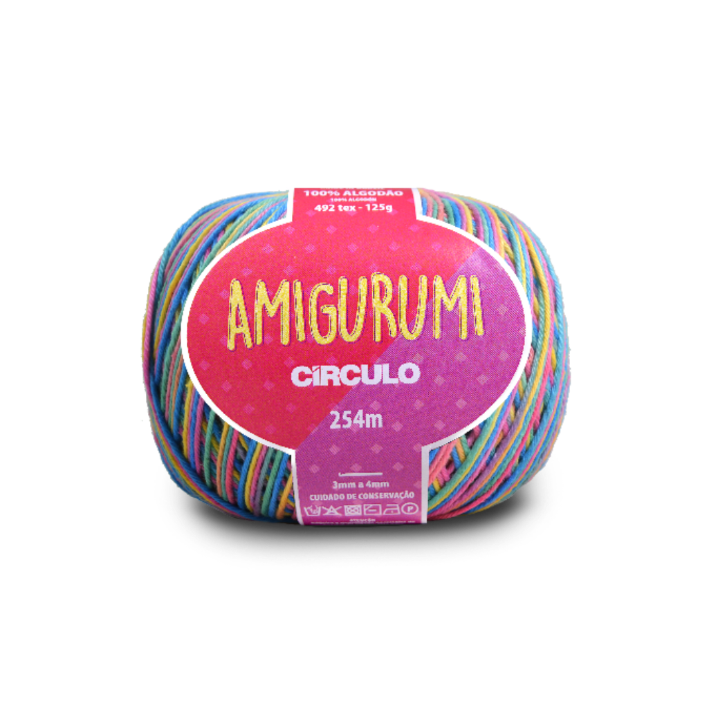 Multicolored ball of yarn with 'Amigurumi' label on a white background