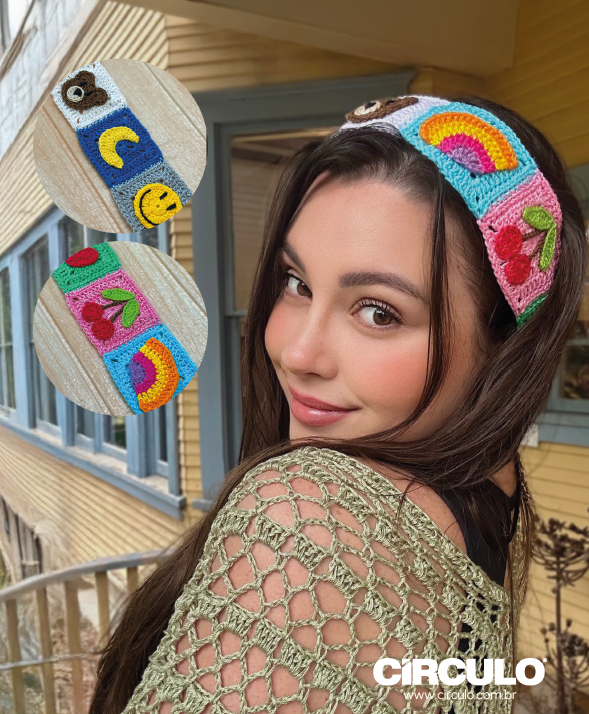 Circulo ANNE - 100% mercerized Cotton Yarn, 500m / 147g - Woman wearing a colorful crocheted headband with inset images of the headband design.
