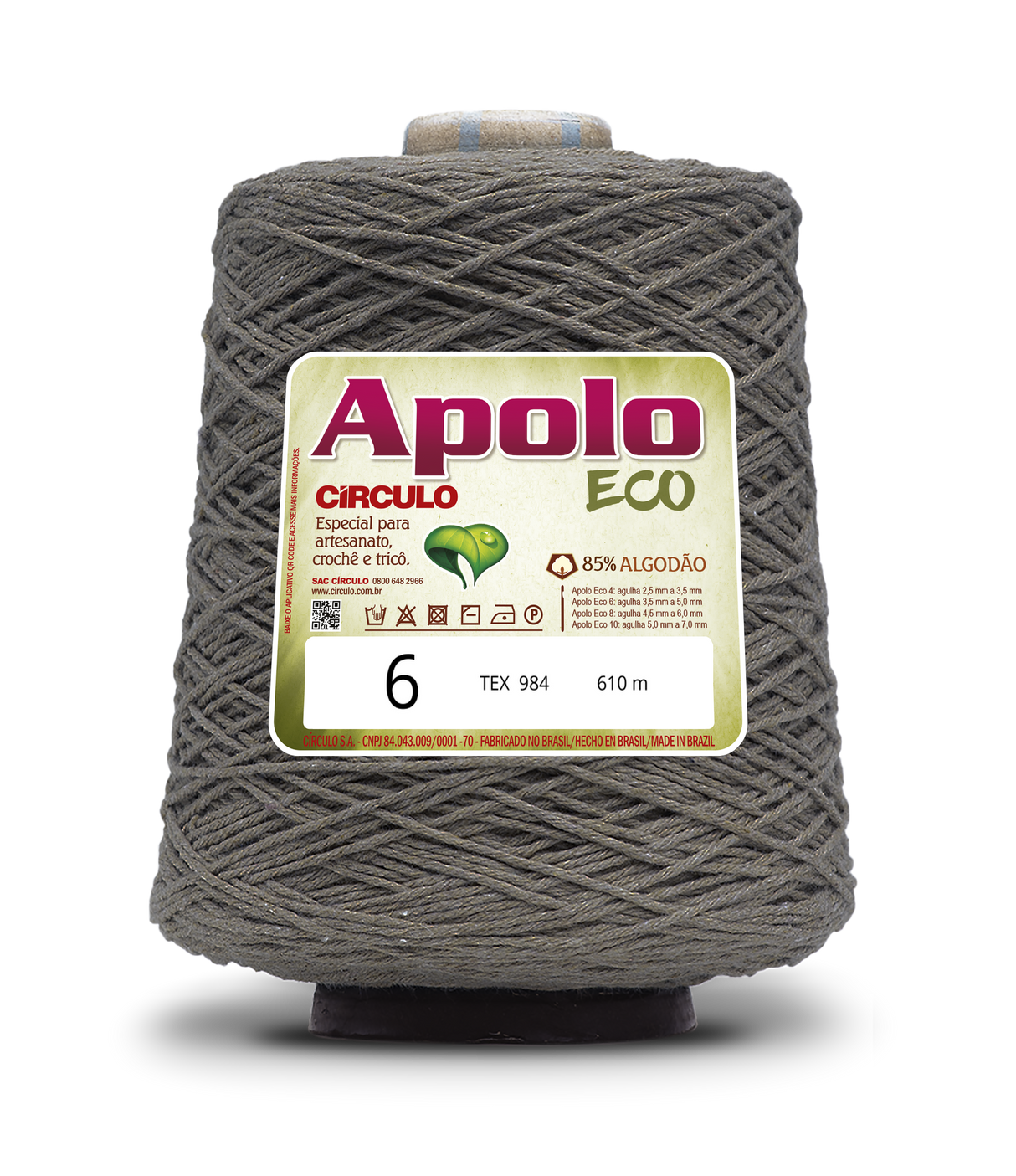 Apolo Eco 4/6 Cotton Cord Yarn – Ideal for Crochet Bags & Home Decor (600g) - Leo Hobby - A large cone of gray crochet yarn with a white and green Apolo Circulo Eco label, set against a plain white background.