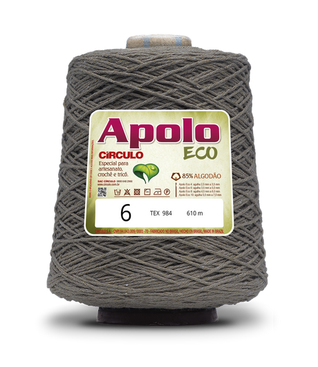Apolo Eco 4/6 Cotton Cord Yarn – Ideal for Crochet Bags & Home Decor (600g) - Leo Hobby - A large cone of gray crochet yarn with a white and green Apolo Circulo Eco label, set against a plain white background.