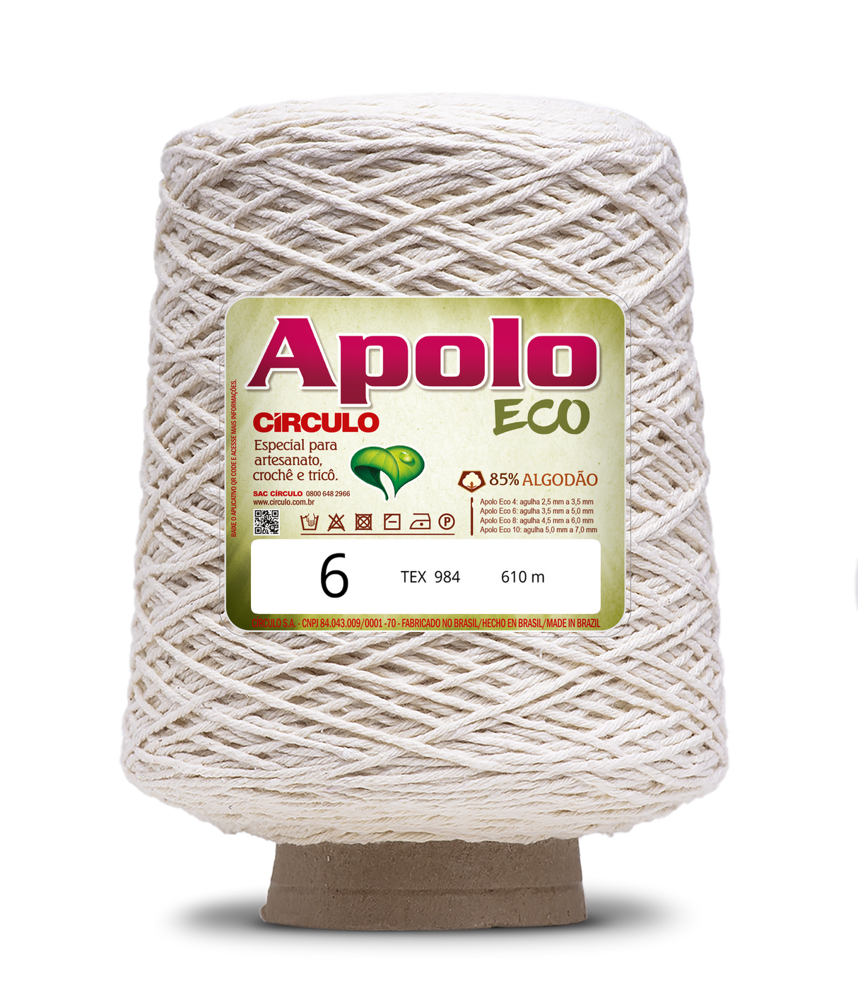 Apolo Eco 4/6 Cotton Cord Yarn – Ideal for Crochet Bags & Home Decor (600g) - Leo Hobby - A large cone of off-white textured yarn with a green and gold Apolo Circulo Eco label, standing on a brown cardboard base against a white background.