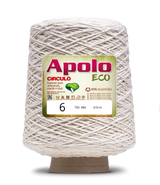 Apolo Eco 4/6 Cotton Cord Yarn – Ideal for Crochet Bags & Home Decor (600g) - Leo Hobby - A large cone of off-white textured yarn with a green and gold Apolo Circulo Eco label, standing on a brown cardboard base against a white background.