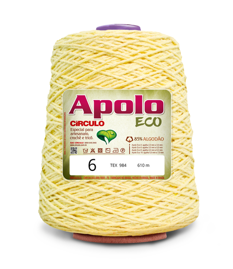 Apolo Eco 4/6 Cotton Cord Yarn – Ideal for Crochet Bags & Home Decor (600g) - Leo Hobby - A large cone of Apolo ECO yarn in pale yellow, featuring a white and green label with product details, set against a plain white background.