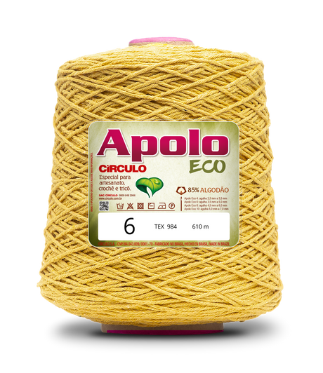 Apolo Eco 4/6 Cotton Cord Yarn – Ideal for Crochet Bags & Home Decor (600g) - Leo Hobby - A large spool of yellow Apolo Circulo Eco cotton thread, labeled with product details including size 6 and 610 meters, set against a plain white background.