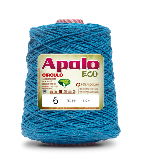 Apolo Eco 4/6 Cotton Cord Yarn – Ideal for Crochet Bags & Home Decor (600g) - Leo Hobby - A spool of Apolo Circulo Eco yarn 6, featuring a textured blue-green color with subtle gold and red flecks. The label is centered on the spool, which is photographed against a clean white background.