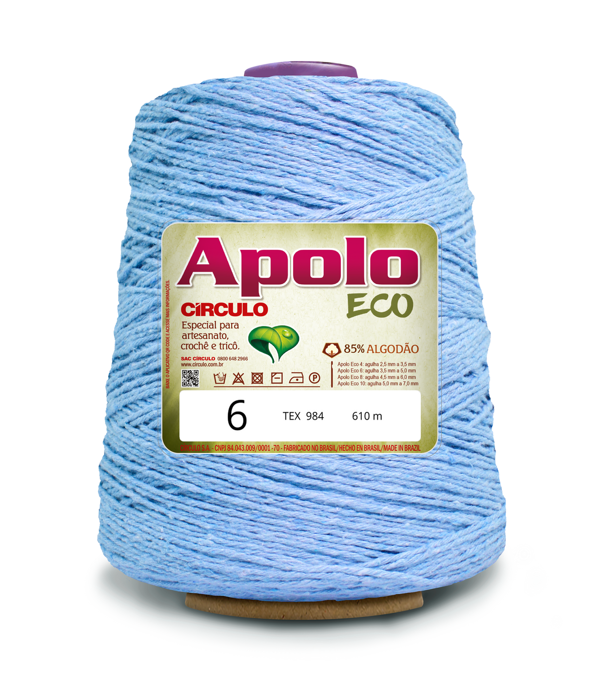 Apolo Eco 4/6 Cotton Cord Yarn – Ideal for Crochet Bags & Home Decor (600g) - Leo Hobby - A large spool of light blue yarn with a gold and white label reading 'Apolo ECO' and '6', photographed on a clean white background.