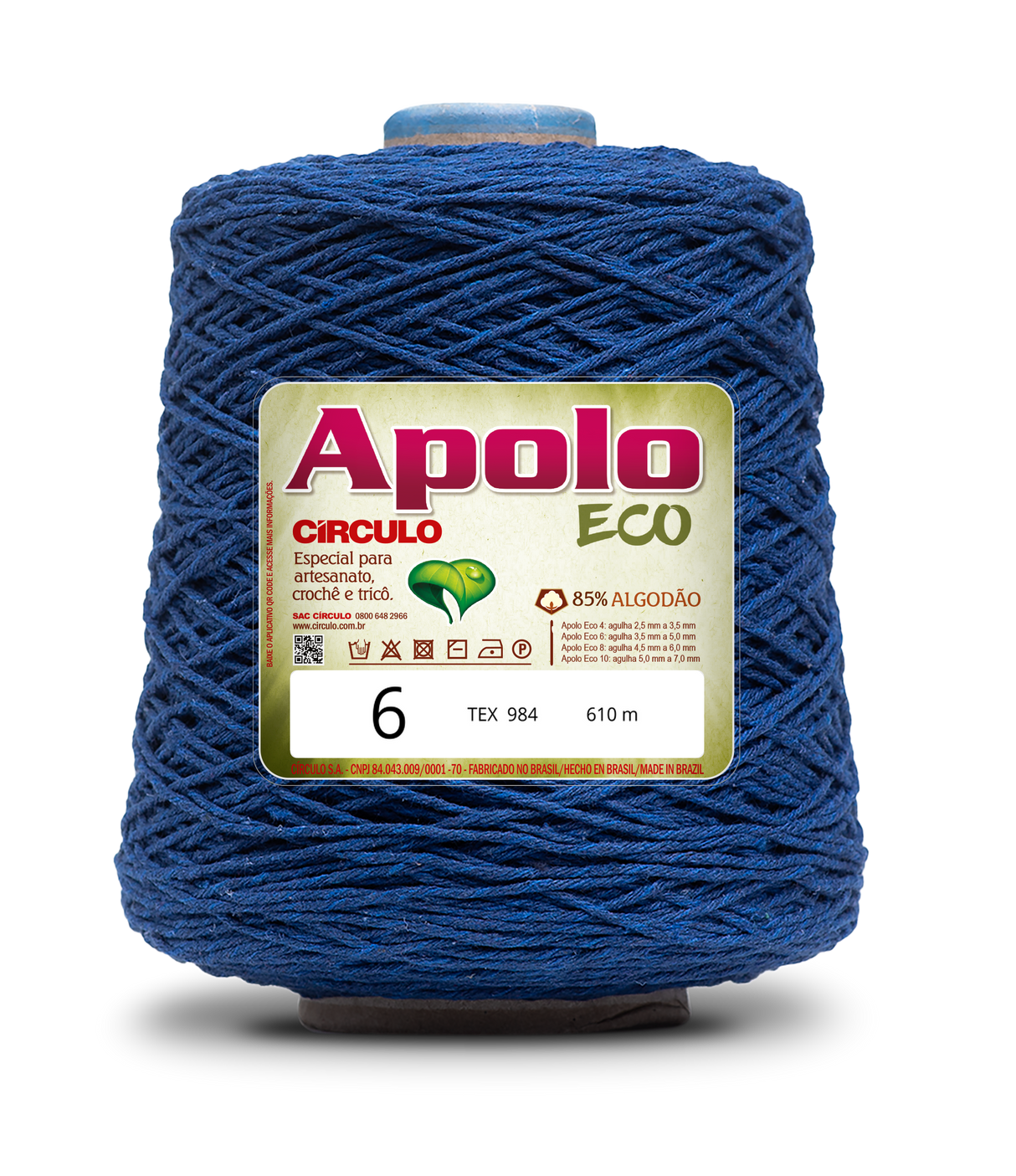 Apolo Eco 4/6 Cotton Cord Yarn – Ideal for Crochet Bags & Home Decor (600g) - Leo Hobby - A large spool of Apolo ECO yarn in a deep blue color, featuring a rectangular label with product details on a white background.