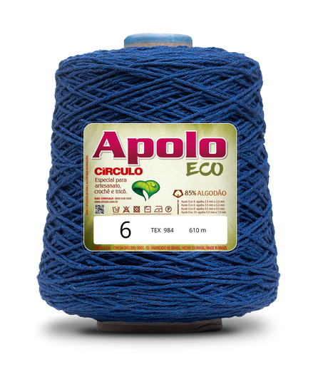 Apolo Eco 4/6 Cotton Cord Yarn – Ideal for Crochet Bags & Home Decor (600g) - Leo Hobby - A large spool of Apolo ECO yarn in a deep blue color, featuring a rectangular label with product details on a white background.