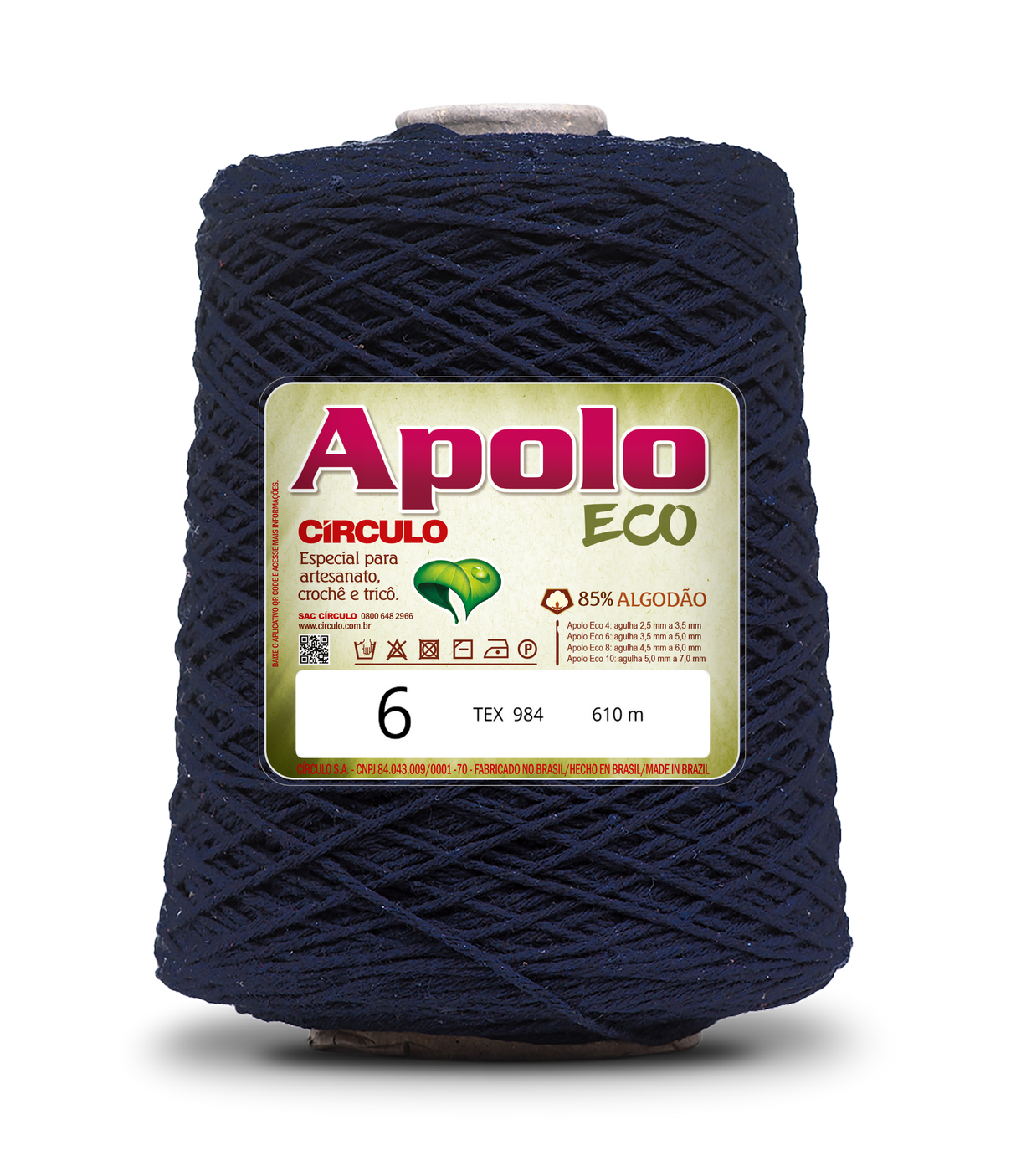 Apolo Eco 4/6 Cotton Cord Yarn – Ideal for Crochet Bags & Home Decor (600g) - Leo Hobby - A single large cone of Apolo ECO yarn in a deep navy blue color, featuring a white and green product label on the front.