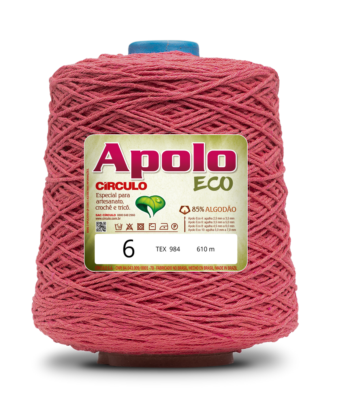 Apolo Eco 4/6 Cotton Cord Yarn – Ideal for Crochet Bags & Home Decor (600g) - Leo Hobby - A large spool of pink crochet yarn with a blue top cap and a prominent white and green label reading 'Apolo ECO'.