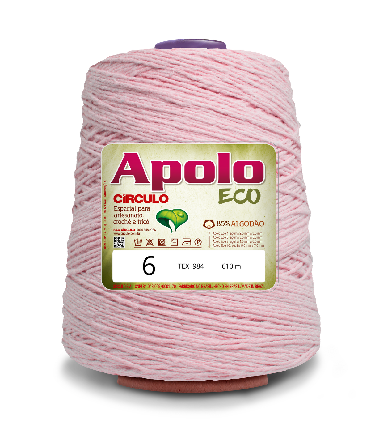 Apolo Eco 4/6 Cotton Cord Yarn – Ideal for Crochet Bags & Home Decor (600g) - Leo Hobby - A large spool of light pink Apolo ECO yarn, labeled with a gold and white product label, isolated on a white background.