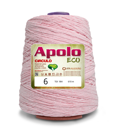 Apolo Eco 4/6 Cotton Cord Yarn – Ideal for Crochet Bags & Home Decor (600g) - Leo Hobby - A large spool of light pink Apolo ECO yarn, labeled with a gold and white product label, isolated on a white background.