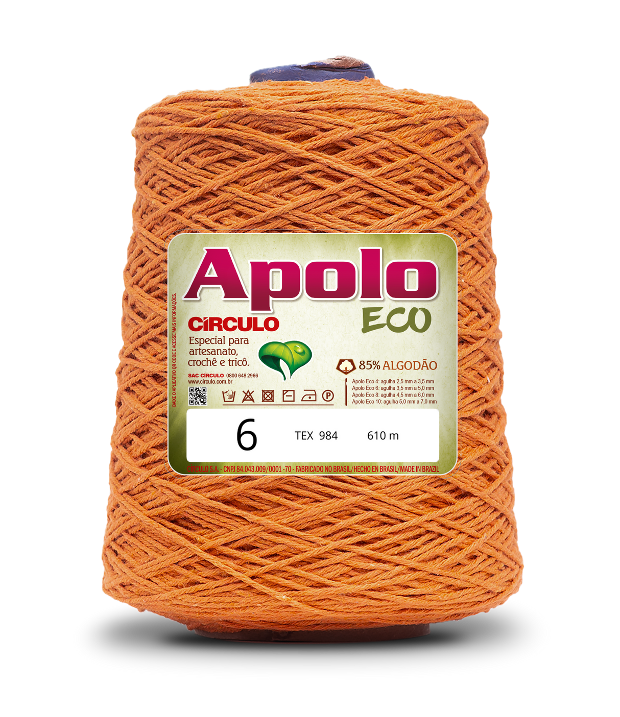 Apolo Eco 4/6 Cotton Cord Yarn – Ideal for Crochet Bags & Home Decor (600g) - Leo Hobby - A cone of orange wool yarn with a white and green Apolo Circulo Eco label, isolated on a white background.