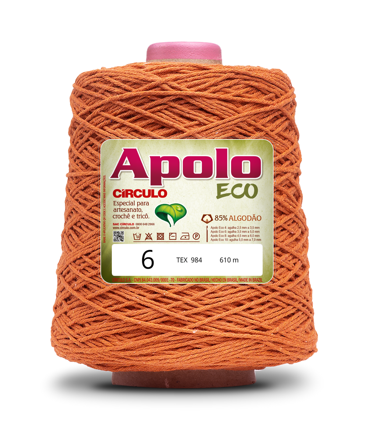 Apolo Eco 4/6 Cotton Cord Yarn – Ideal for Crochet Bags & Home Decor (600g) - Leo Hobby - A large cone spool of orange crochet yarn with a white and green Apolo Eco brand label, set against a clean white background.