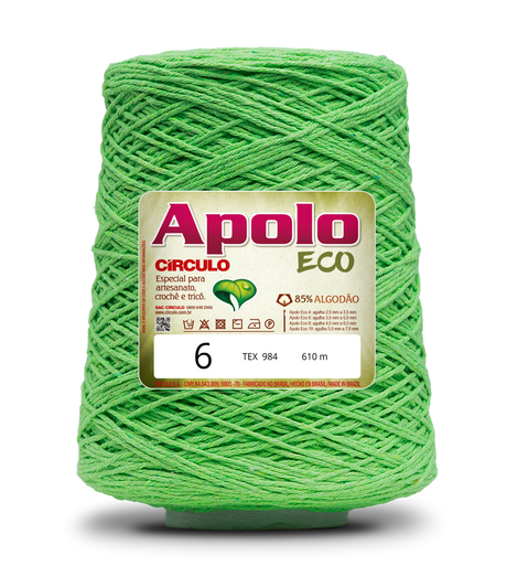 Apolo Eco 4/6 Cotton Cord Yarn – Ideal for Crochet Bags & Home Decor (600g) - Leo Hobby - A cone of bright green sewing thread with a white and red Apolo Circulo Eco label, set against a plain white background.