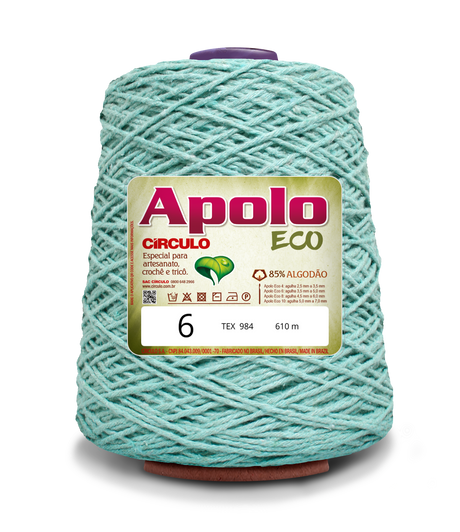Apolo Eco 4/6 Cotton Cord Yarn – Ideal for Crochet Bags & Home Decor (600g) - Leo Hobby - A large spool of mint green crochet thread with a white and green label reading 'Apolo ECO' and size '6'.