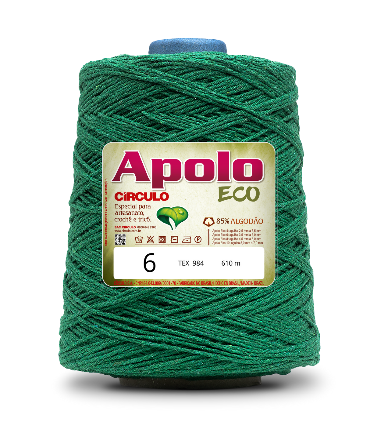 Apolo Eco 4/6 Cotton Cord Yarn – Ideal for Crochet Bags & Home Decor (600g) - Leo Hobby - A spool of green crochet yarn with a white and red Apolo Eco brand label, isolated on a white background.