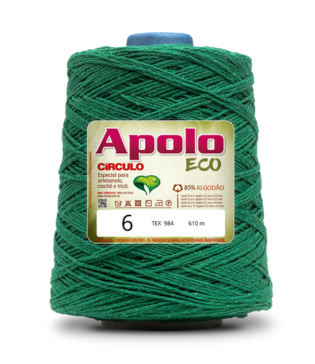 Apolo Eco 4/6 Cotton Cord Yarn – Ideal for Crochet Bags & Home Decor (600g) - Leo Hobby - A spool of green crochet yarn with a white and red Apolo Eco brand label, isolated on a white background.