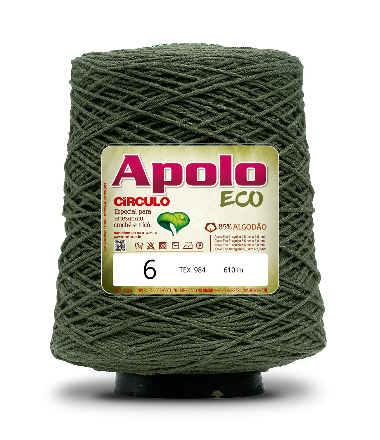Apolo Eco 4/6 Cotton Cord Yarn – Ideal for Crochet Bags & Home Decor (600g) - Leo Hobby - A large cone spool of olive green crochet thread with a white and red Apolo Circulo Eco label, shown on a white background with a soft shadow.