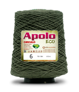 Apolo Eco 4/6 Cotton Cord Yarn – Ideal for Crochet Bags & Home Decor (600g) - Leo Hobby - A large cone spool of olive green crochet thread with a white and red Apolo Circulo Eco label, shown on a white background with a soft shadow.