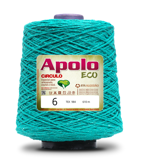 Apolo Eco 4/6 Cotton Cord Yarn – Ideal for Crochet Bags & Home Decor (600g) - Leo Hobby - A large cone spool of turquoise blue-green yarn with a gold and white label reading 'Apolo ECO' and 'size 6', photographed on a white background.