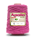 Apolo Eco 4/6 Cotton Cord Yarn – Ideal for Crochet Bags & Home Decor (600g) - Leo Hobby - A large cone of pink crochet thread with a white and red striped top and bottom, featuring a green and gold label with the brand 'Apolo' and product details, isolated on a white background with a soft shadow.