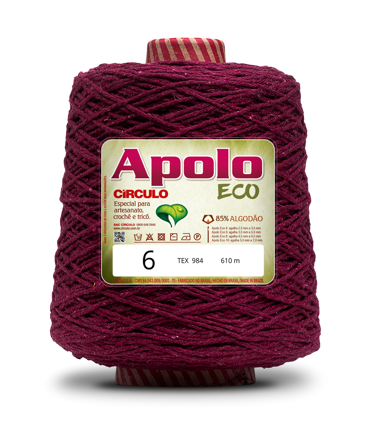 Apolo Eco 4/6 Cotton Cord Yarn – Ideal for Crochet Bags & Home Decor (600g) - Leo Hobby - A large spool of Apolo Circulo Eco yarn in a deep burgundy color, featuring a prominent cream-colored label with red and green branding.