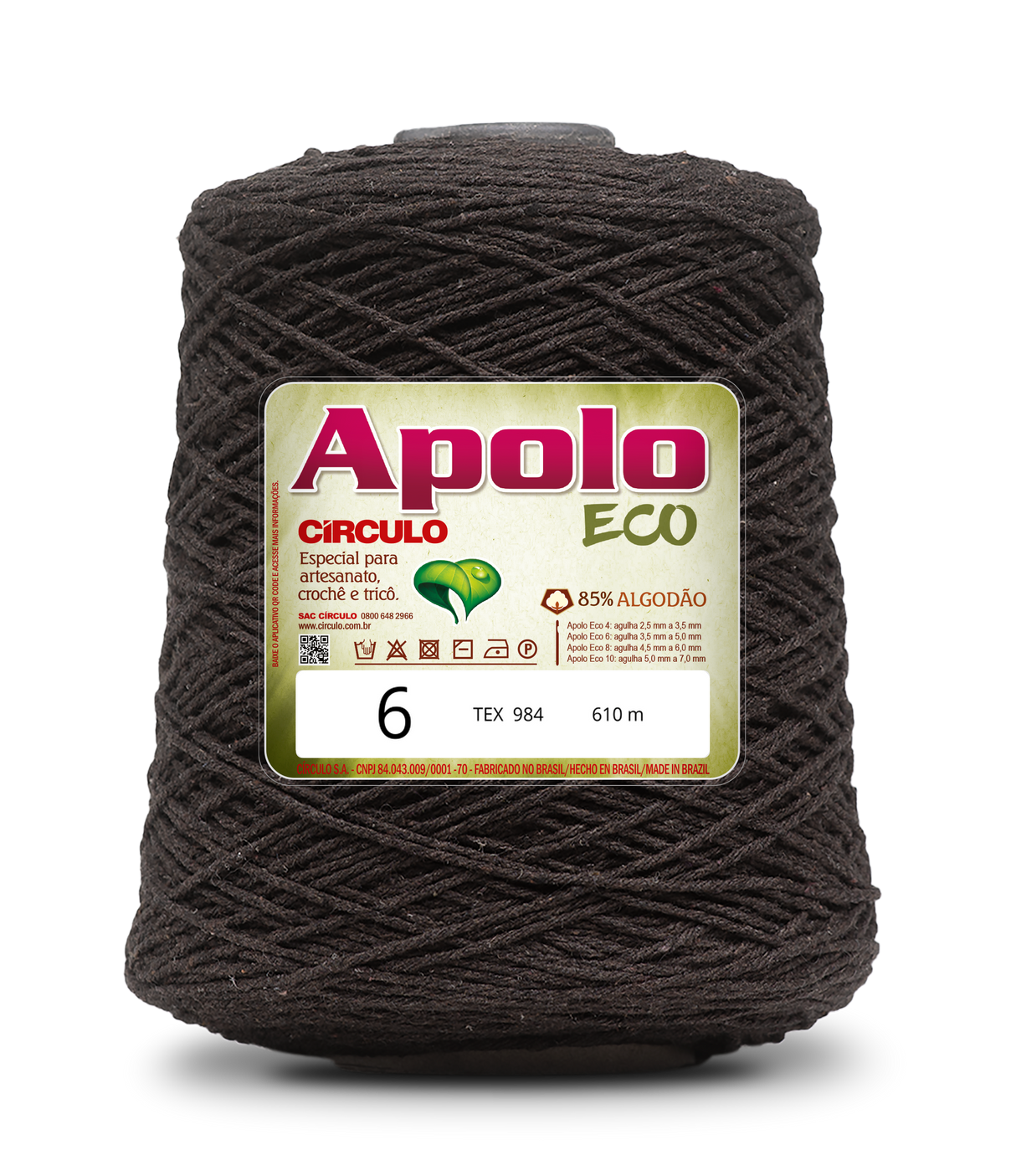 Apolo Eco 4/6 Cotton Cord Yarn – Ideal for Crochet Bags & Home Decor (600g) - Leo Hobby - A large spool of dark brown yarn with a green and white label reading 'Apolo ECO 6'  photographed on a clean white background.
