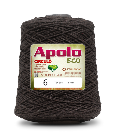 Apolo Eco 4/6 Cotton Cord Yarn – Ideal for Crochet Bags & Home Decor (600g) - Leo Hobby - A large spool of dark brown yarn with a green and white label reading 'Apolo ECO 6'  photographed on a clean white background.