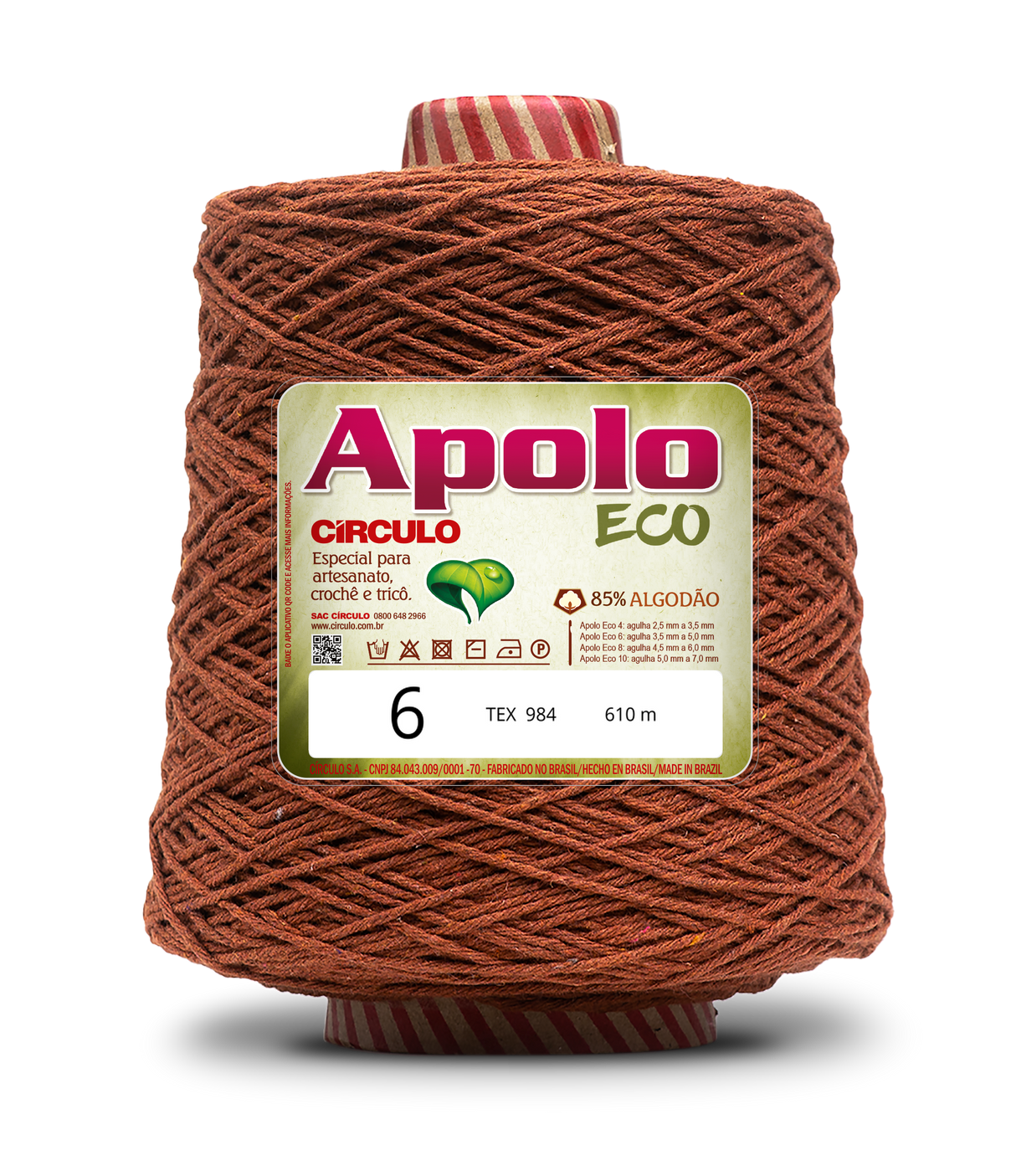 Apolo Eco 4/6 Cotton Cord Yarn – Ideal for Crochet Bags & Home Decor (600g) - Leo Hobby - A large cone of brown wool yarn with a white and red label reading 'Apolo ECO' and '6', photographed on a clean white background.