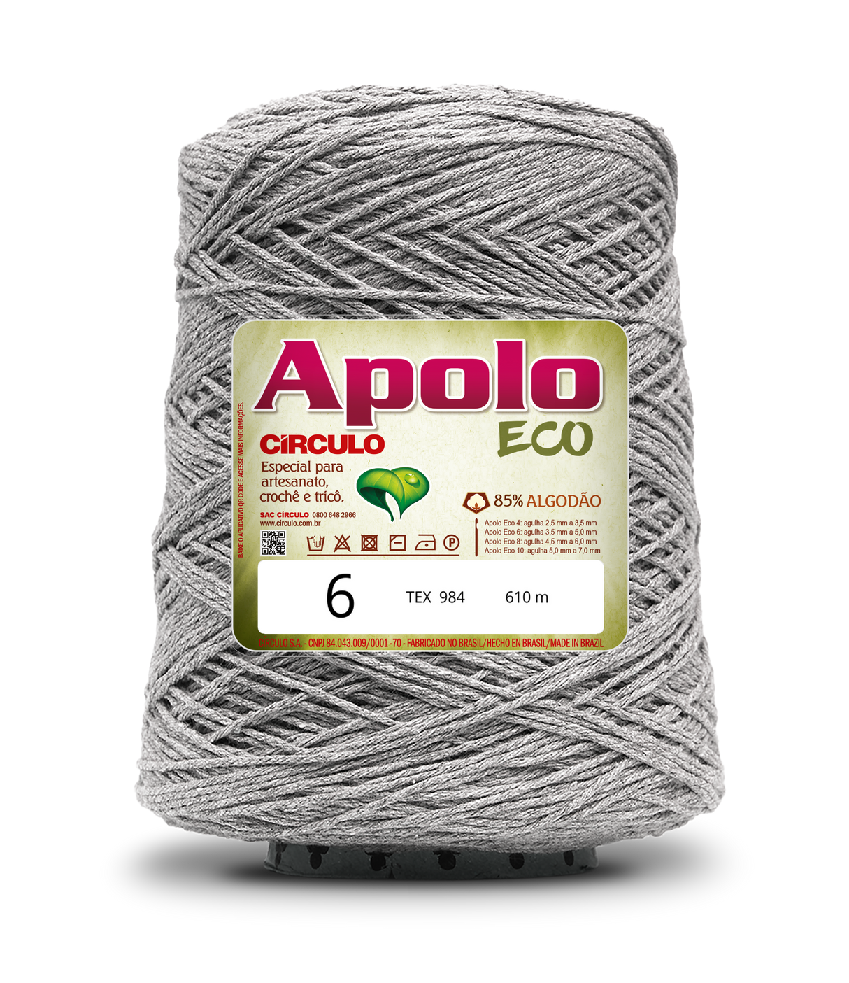 Apolo Eco 4/6 Cotton Cord Yarn – Ideal for Crochet Bags & Home Decor (600g) - Leo Hobby - A spool of gray textured yarn with a prominent gold and red label reading 'Apolo ECO 6' shown on a plain white background.