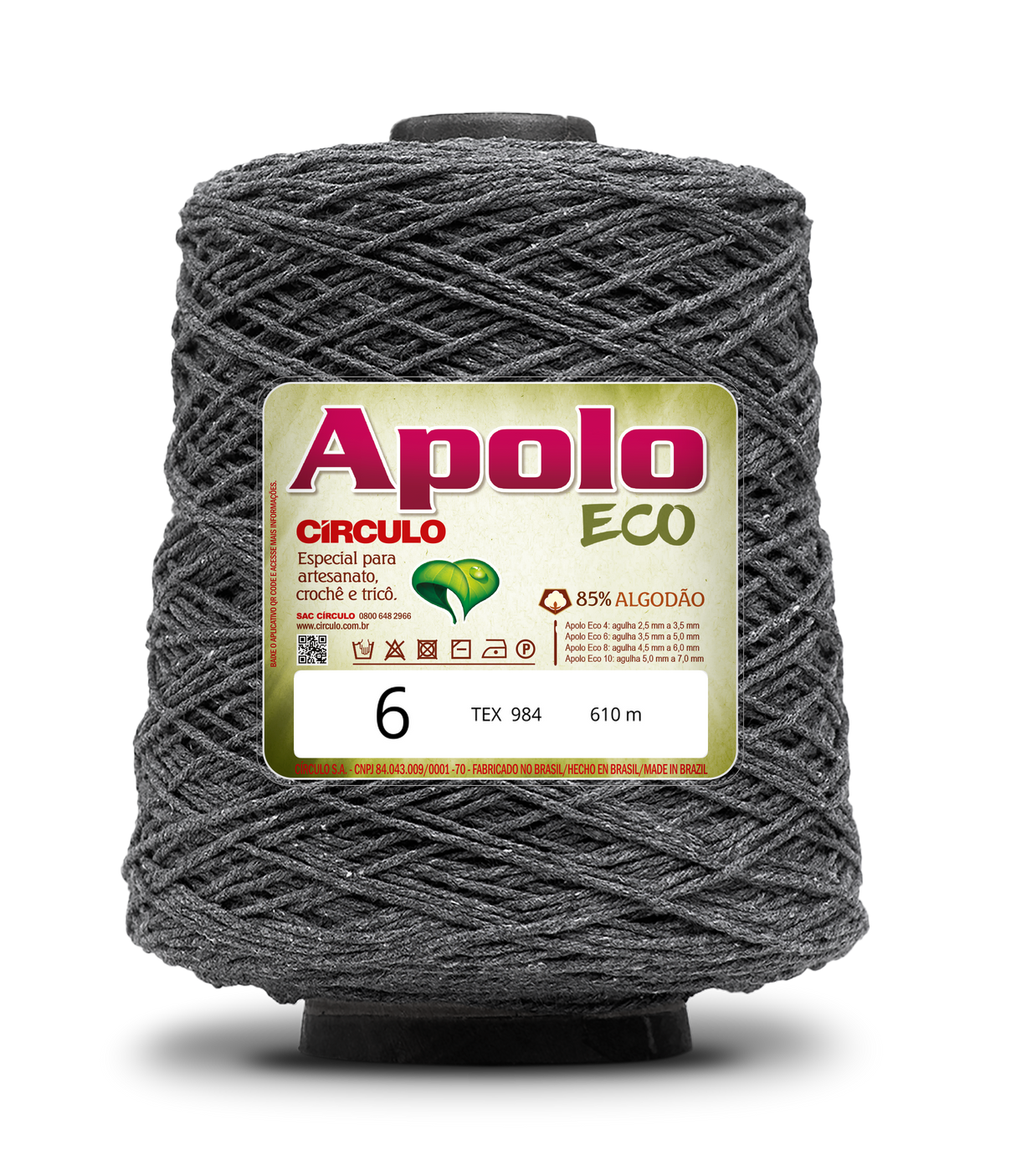 Apolo Eco 4/6 Cotton Cord Yarn – Ideal for Crochet Bags & Home Decor (600g) - Leo Hobby - A large spool of dark gray yarn with a prominent white and green label reading 'Apolo ECO' and '6', shown on a clean white background with a soft shadow.
