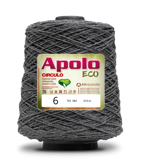 Apolo Eco 4/6 Cotton Cord Yarn – Ideal for Crochet Bags & Home Decor (600g) - Leo Hobby - A large spool of dark gray yarn with a prominent white and green label reading 'Apolo ECO' and '6', shown on a clean white background with a soft shadow.