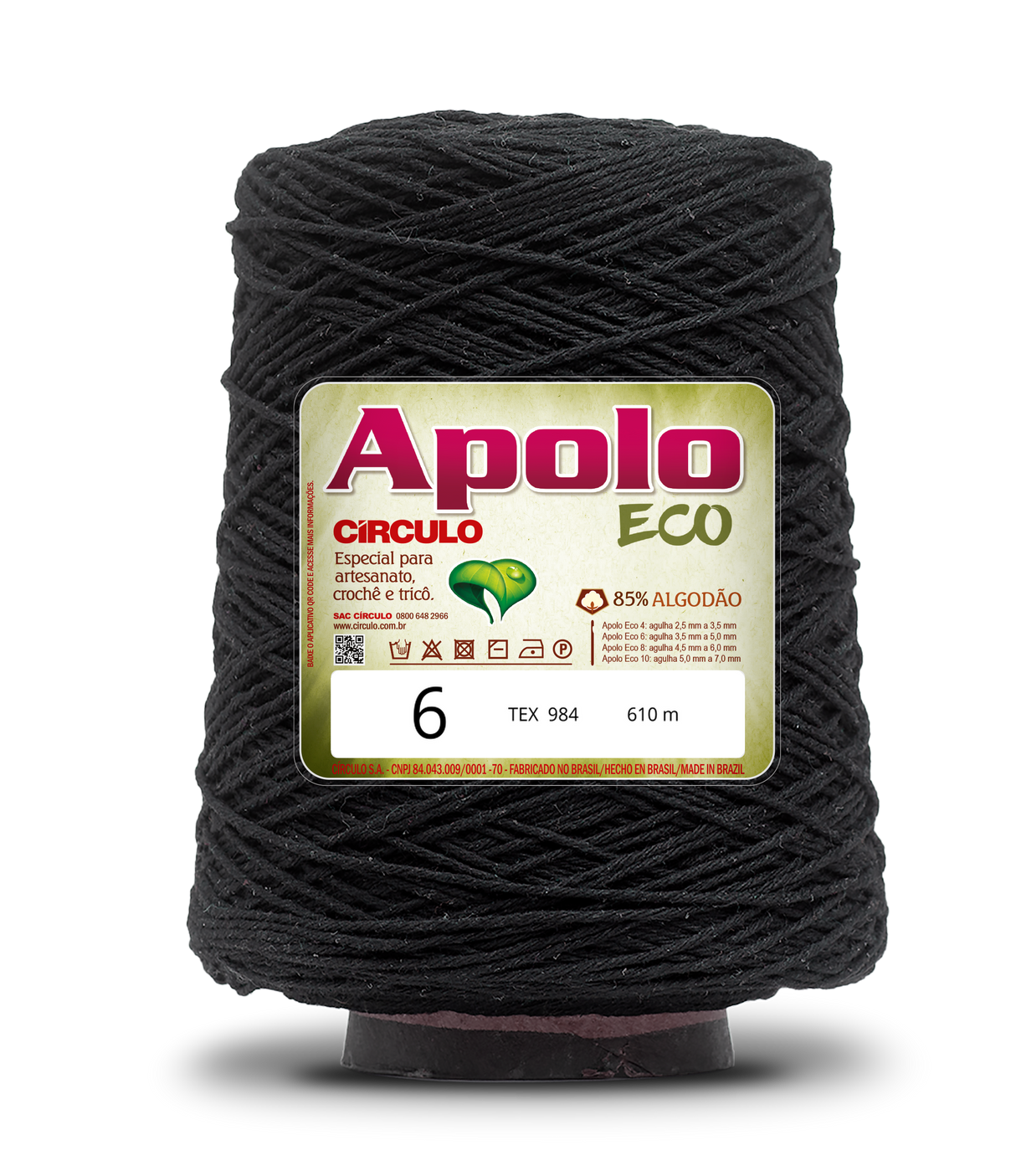 Apolo Eco 4/6 Cotton Cord Yarn – Ideal for Crochet Bags & Home Decor (600g) - Leo Hobby - A large spool of black thread with a white and green label reading 'Apolo ECO' and size '6', photographed on a white background.