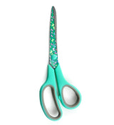 Circulo Comfort Printed Scissors 21.5 cm - Scissors with turquoise handle and floral pattern on blade against a white background