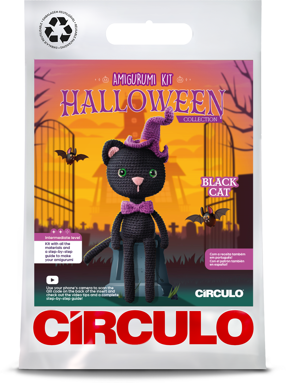 Circulo Amigurumi Kit Halloween Collection - Crochet Kit - Black Cat -Circulo Halloween-themed black cat amigurumi kit packaging with a purple bow tie.