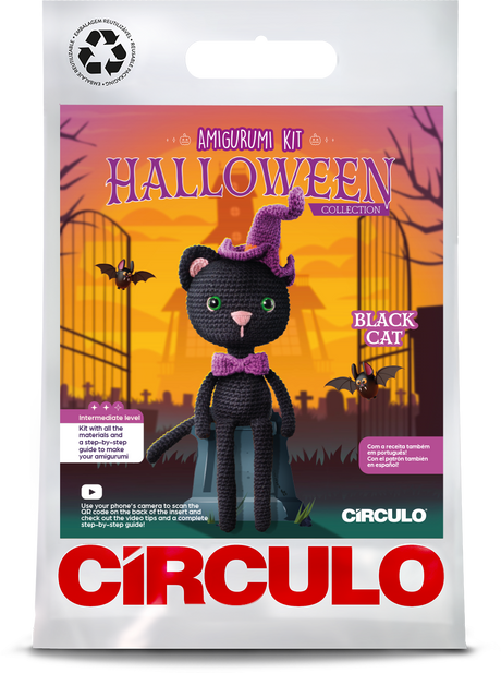 Circulo Amigurumi Kit Halloween Collection - Crochet Kit - Black Cat -Circulo Halloween-themed black cat amigurumi kit packaging with a purple bow tie.