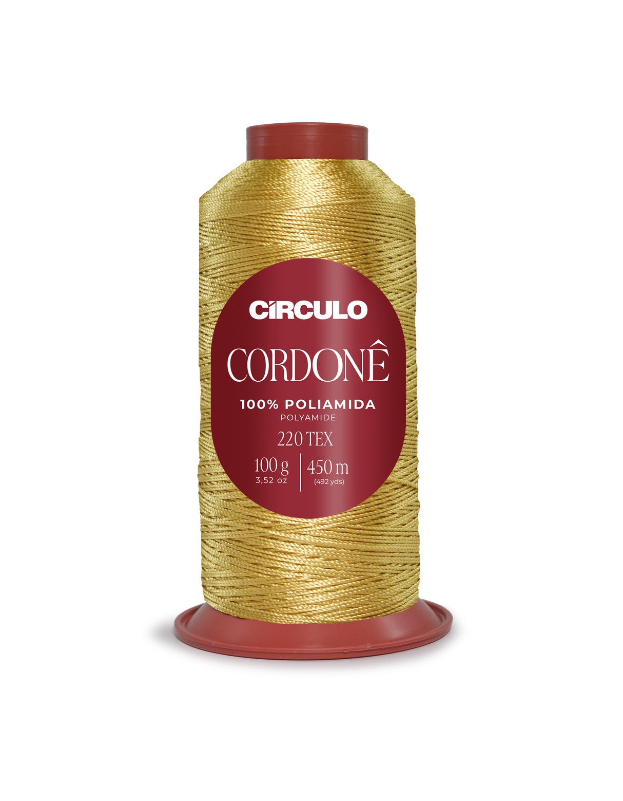 Circulo Cordone 100% Polyamide Crochet Yarn, 450 m / 100 g - Gold spool of thread with a red label on a white background