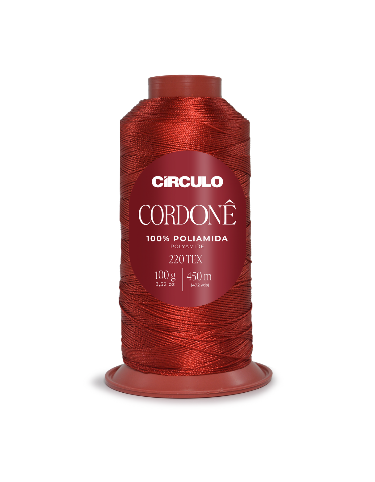 Circulo Cordone 100% Polyamide Crochet Yarn, 450 m / 100 g - Red spool of Circulo Cordoné thread on a white background
