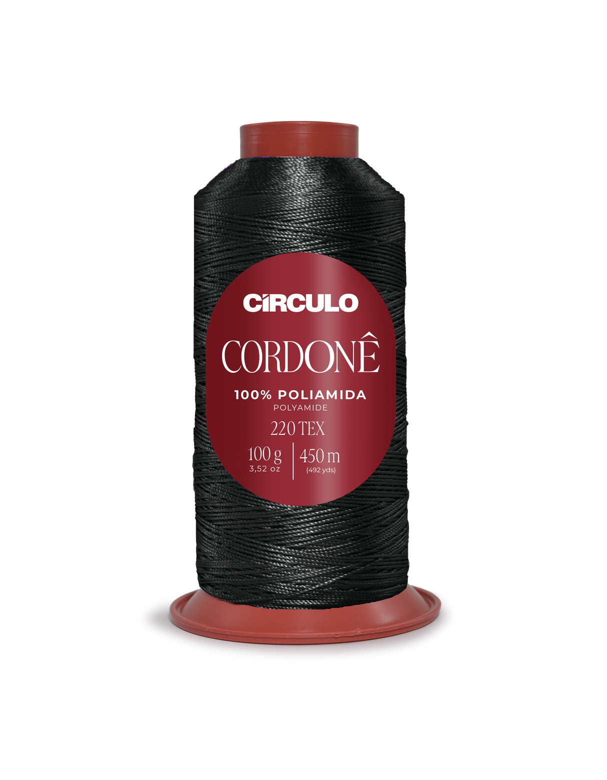 Circulo Cordone 100% Polyamide Crochet Yarn, 450 m / 100 g - Spool of black thread with a red label on a white background